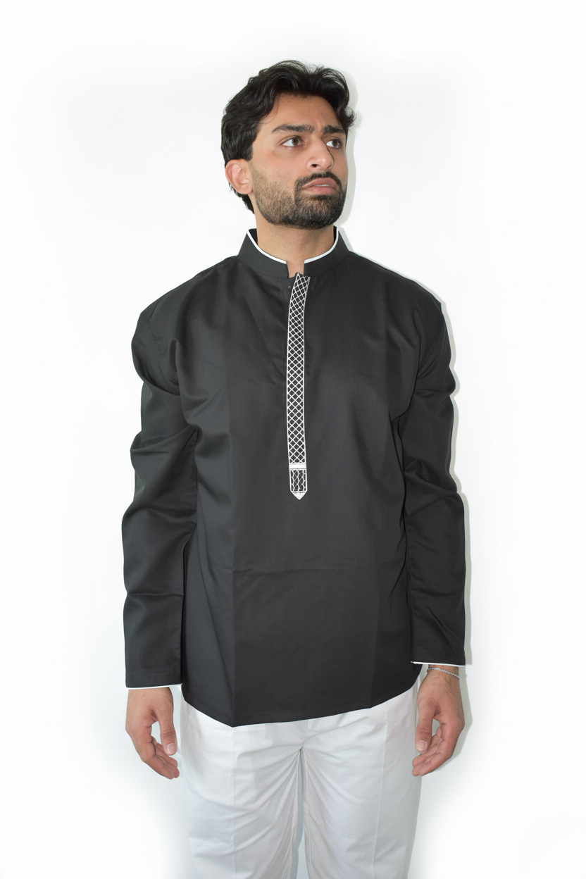 Threads of Palestine | Loose Fit Premium Short Kurta – Onyx Black